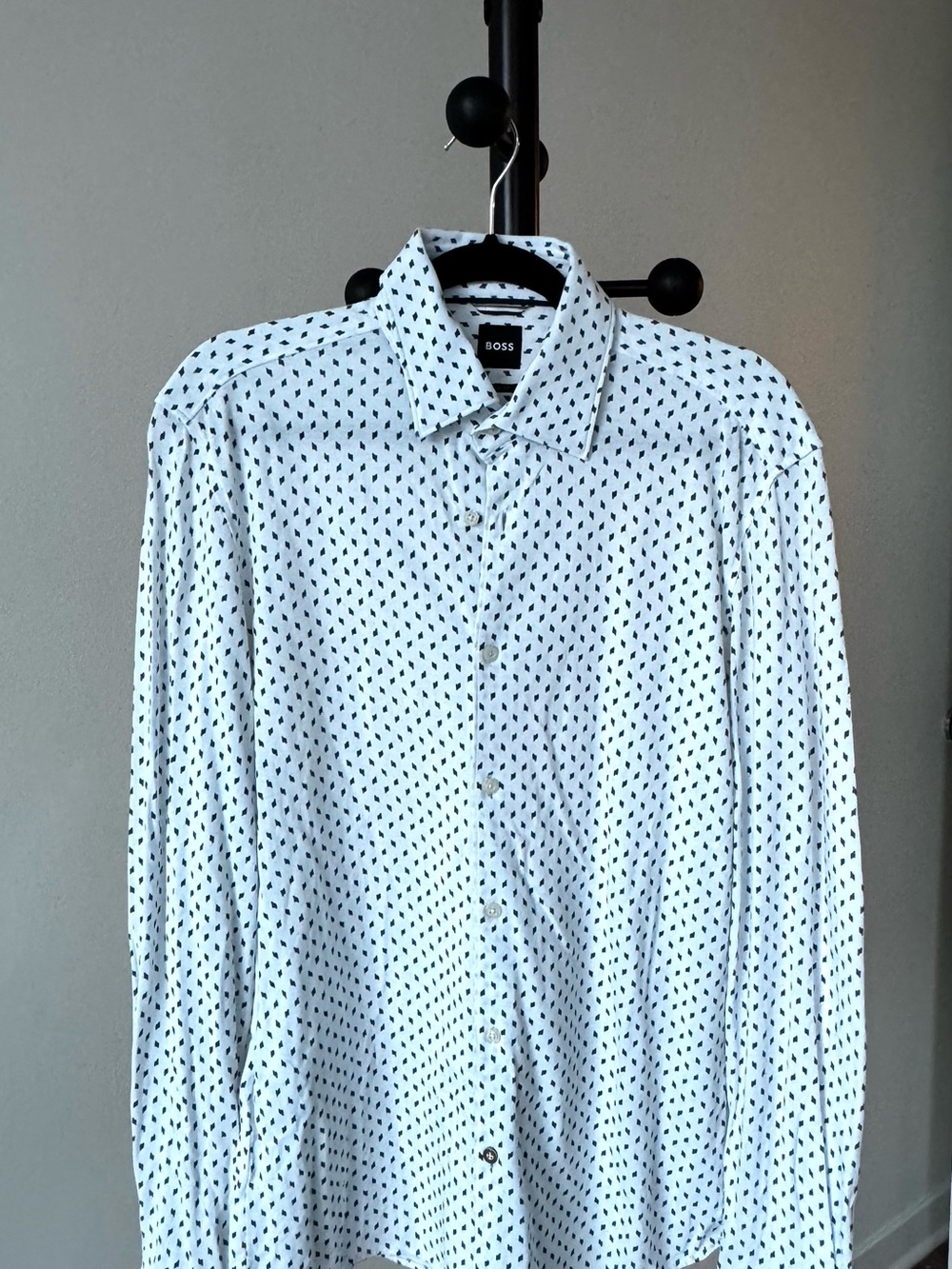 BOSS White Dress Shirt with Navy Micro Pattern
